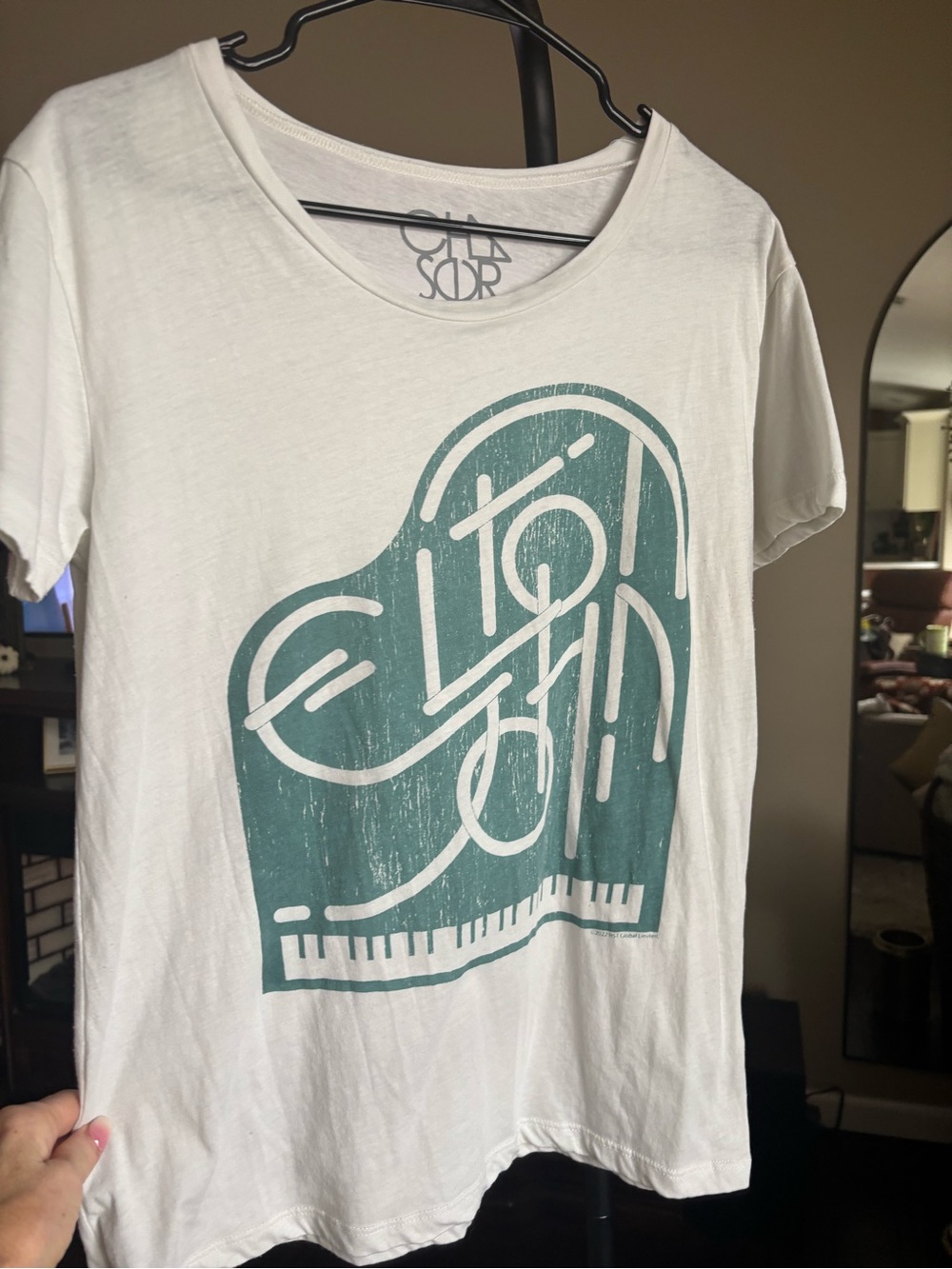 SO White Tee with Teal Piano Graphic